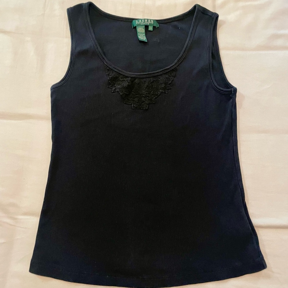 Ralph Lauren Black Women's Ribbed Tank Top with Lace Size S Petite